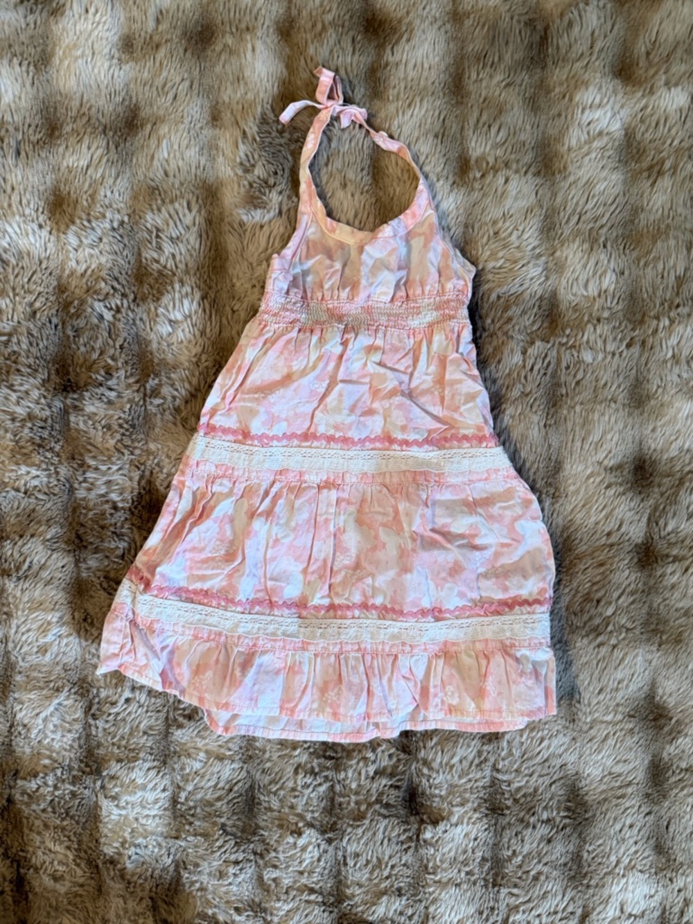 Girls' Pink Halter Tiered Lace-Trim Sundress